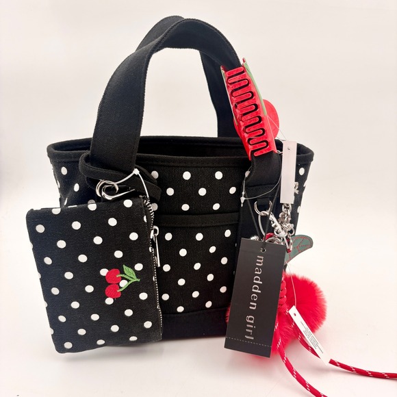Madden Girl Handbags - Madden Girl Polka Dot Mini Tote Bag Cherry Pouch Pom Pom Hair Clip Set Black MG